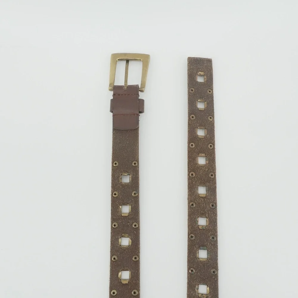 Studded Leather Belt Women 32-34 Brown Square Grommet Solid Brass Buckle